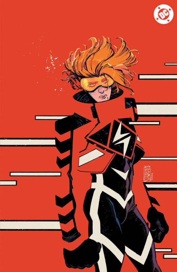 Comic book cover with a character in a black and orange suit on a red background