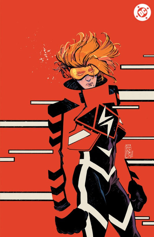 Comic book cover with a character in a black and orange suit on a red background