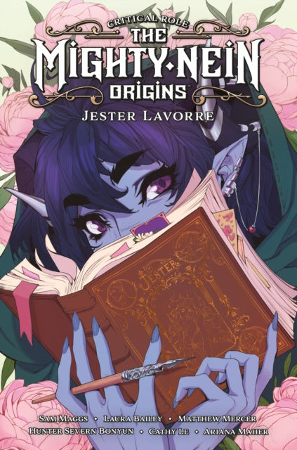 Book cover of 'The Mighty Nein Origins' featuring a character with purple hair and elf-like features holding an open book.