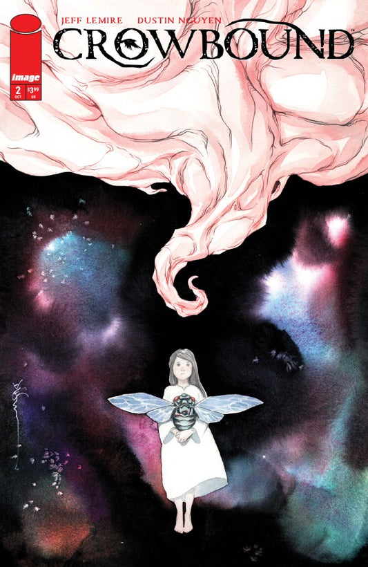 Comic book cover for Crowbound Volume 1 Issue 1, featuring a dark cosmic background with a small winged figure in a white dress floating near the bottom, and a large pink cloud-like form at the top. The title CROWBOUND appears prominently at the top.