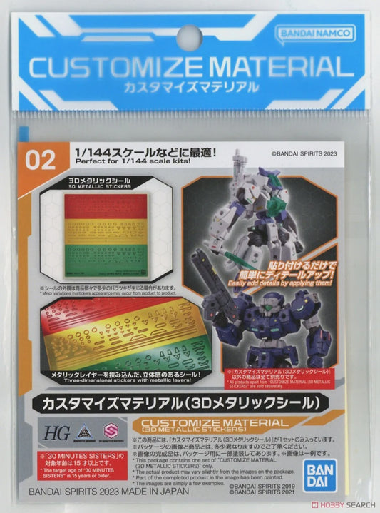 Packaging for Customize Material Metallic Stickers for 1/144 scale model kits, displaying the stickers and a completed model kit.