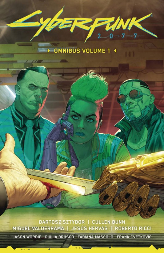 Comic book cover of 'Cyberpunk 2077' Omnibus Volume 1 featuring three characters and a hand holding gold objects.