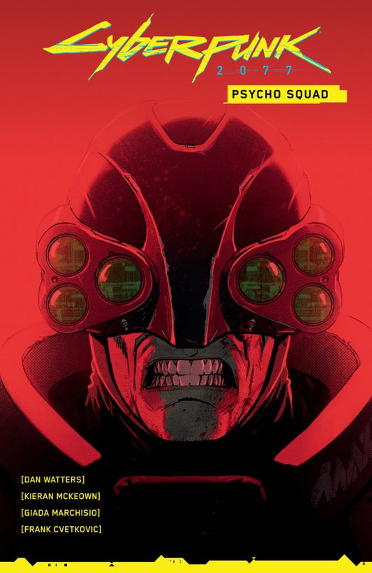 Book cover of 'Cyberpunk 2077 Psycho Squad' with a futuristic helmet design on a red background.