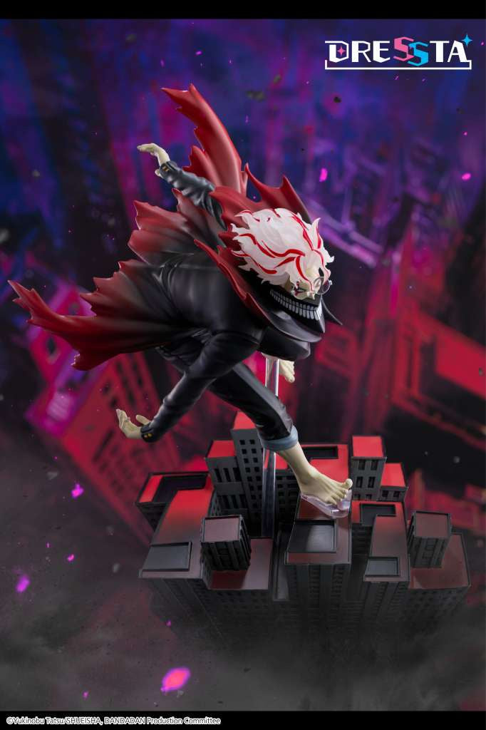 Action figure with red cape and white face on a dark cityscape background, featuring the brand 'DRESSTA'.