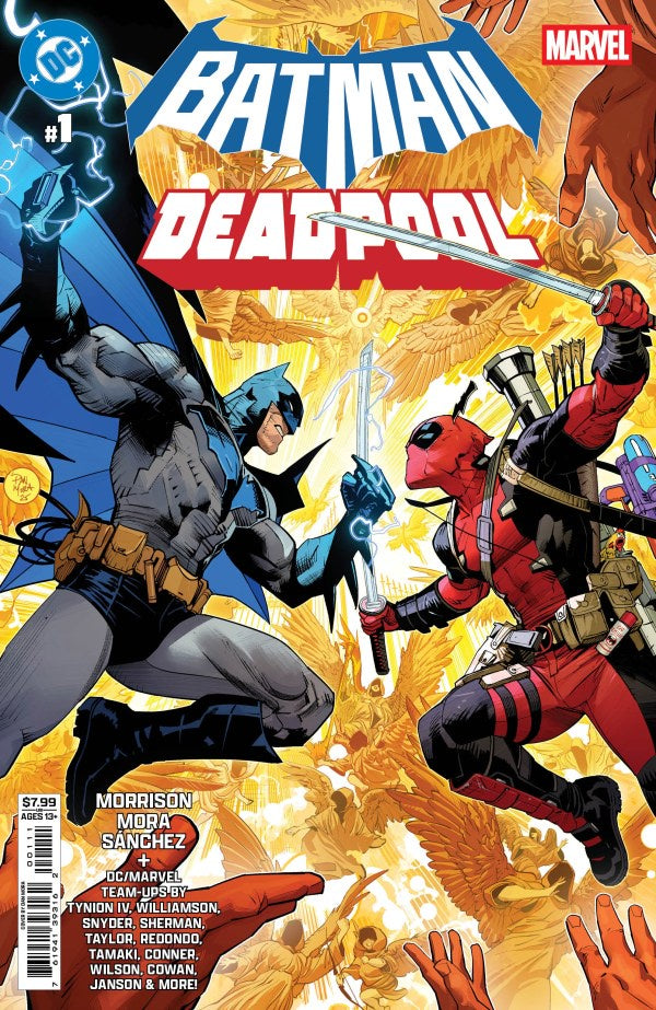 Comic book cover featuring Batman and Deadpool facing each other with dynamic poses.DC / Marvel: Batman / Deadpool #1