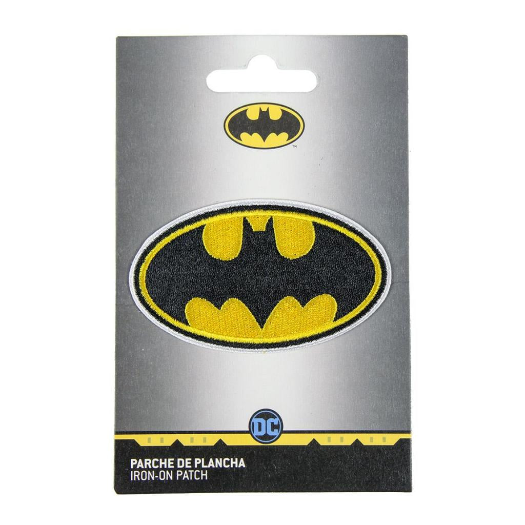Batman logo iron-on patch on a branded card with DC Comics logo.