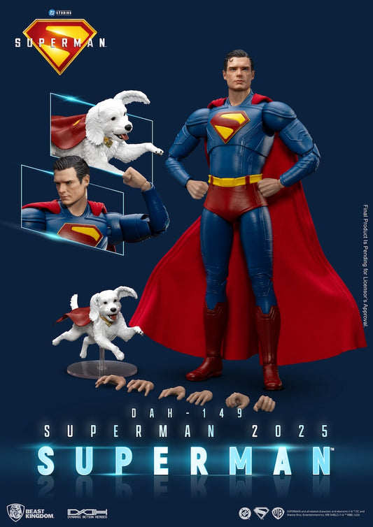 Superman action figure with a dog in superhero costumes on a blue background