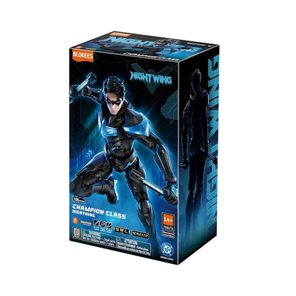 Blokes Toys Nightwing Champion Class action figure box, featuring a dynamic illustration of Nightwing in his black and blue armored suit on the front packaging.