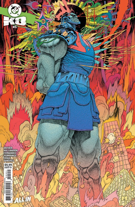 Comic book cover with a character in blue attire against a colorful, abstract background.