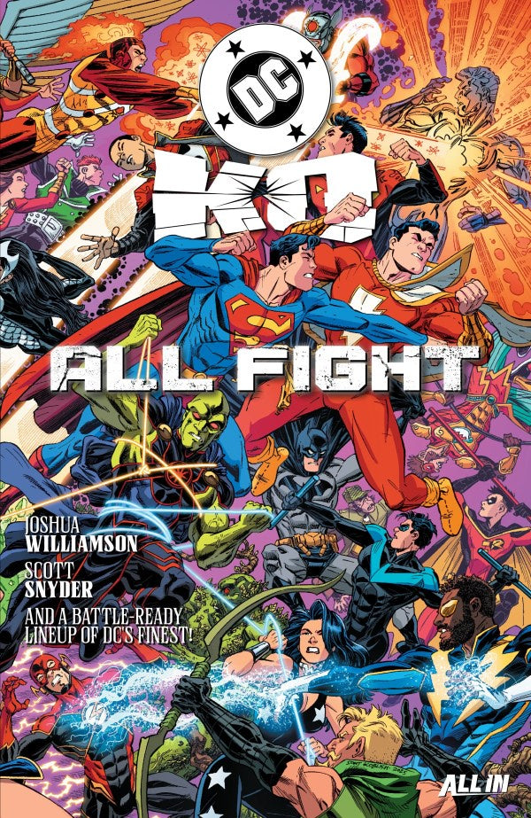 DC Comics book cover featuring superheroes with colorful background