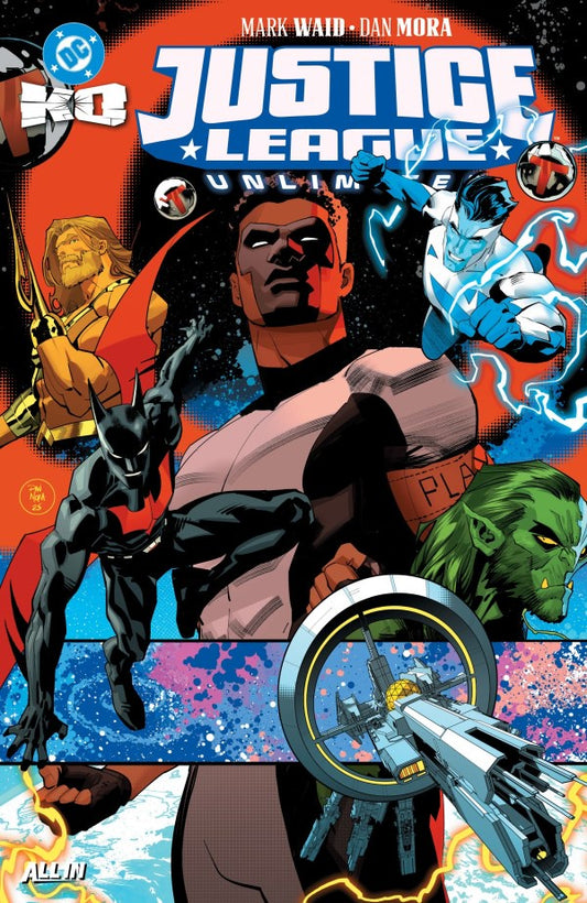 Comic book cover featuring characters from 'Justice League Unlimited' with a colorful background.
