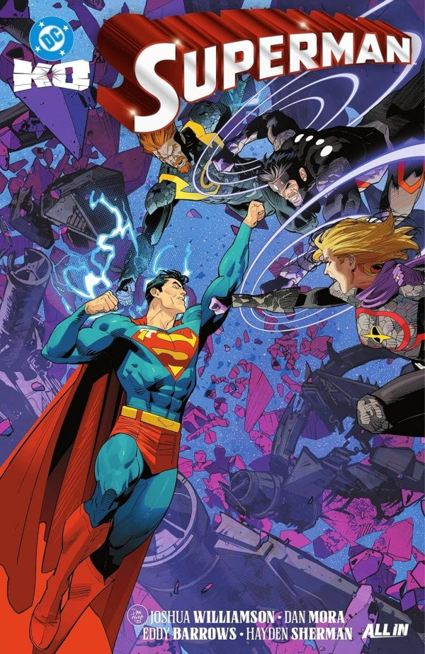 Comic book cover for DC Comics' Superman, featuring Superman in his classic blue and red suit with a flowing red cape, surrounded by other superheroes in a dynamic battle scene with purple and blue tones.