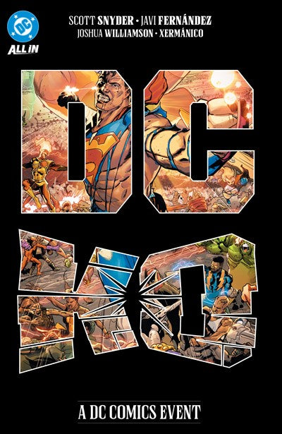 Book cover for 'DC EXC' featuring comic book artwork with large stylized letters spelling DC EXC on a black background, with creator names Scott Snyder, Javi Fernández, Joshua Williamson, and Xermanico at the top and an All In logo.