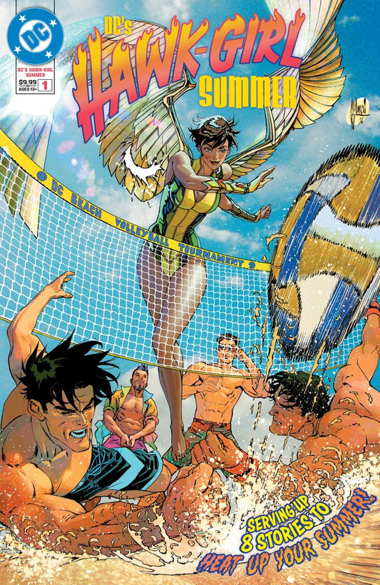 Comic book cover featuring a character with wings in a beach setting