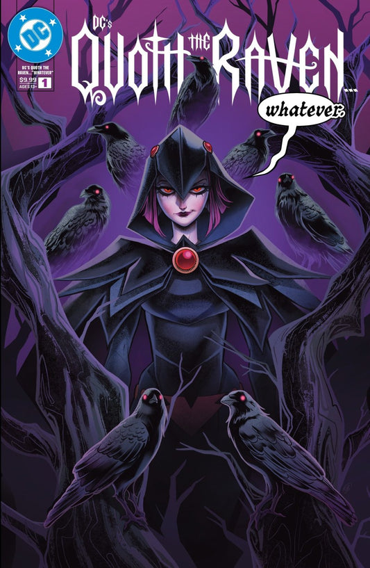 DC Comics Quoth the Raven #1 comic book cover featuring a dark hooded figure with a red gem at the chest surrounded by ravens on purple-toned tree branches.