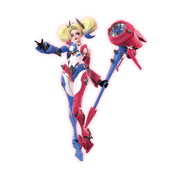 A stylized 3D-rendered female warrior character floating against a plain white background, holding a large red and blue mace-like weapon. The figure has blonde hair, a blue and white bodysuit with red accents, and a red-and-blue weapon accessory.