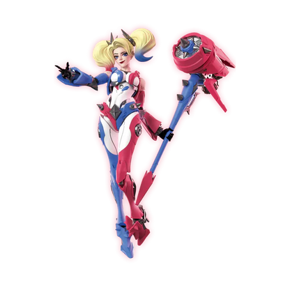 A stylized 3D-rendered female warrior character floating against a plain white background, holding a large red and blue mace-like weapon. The figure has blonde hair, a blue and white bodysuit with red accents, and a red-and-blue weapon accessory.