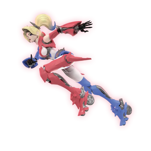 A 3D-rendered female action figure or character model posed diagonally on a plain white background, wearing a red and blue outfit with blonde hair and black gloves.