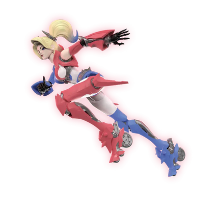 A 3D-rendered female action figure or character model posed diagonally on a plain white background, wearing a red and blue outfit with blonde hair and black gloves.