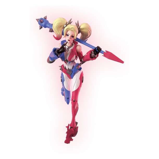 A stylized action figure of a blonde female character in a red, white, and blue outfit, posed dynamically against a plain white background with a soft pink glow around her.