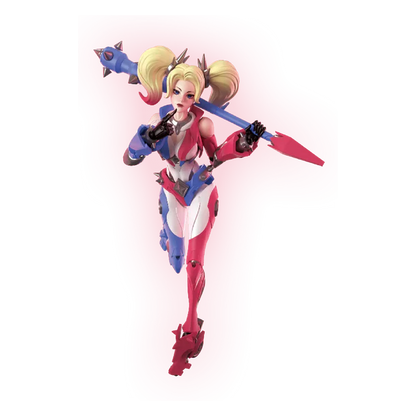 A stylized action figure of a blonde female character in a red, white, and blue outfit, posed dynamically against a plain white background with a soft pink glow around her.