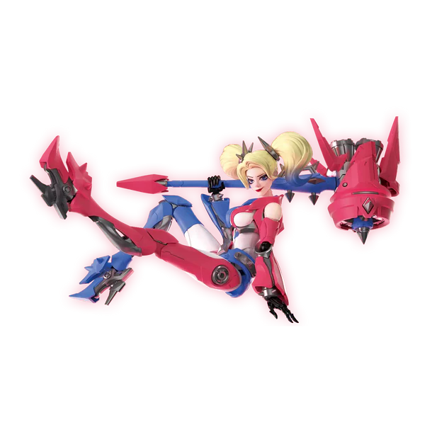 A stylized action figure or collectible character posed dynamically against a plain white background. The figure has blonde hair, a red and silver outfit, blue accents, and a large red weapon or accessory attached to one arm.