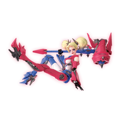 A stylized action figure or collectible character posed dynamically against a plain white background. The figure has blonde hair, a red and silver outfit, blue accents, and a large red weapon or accessory attached to one arm.