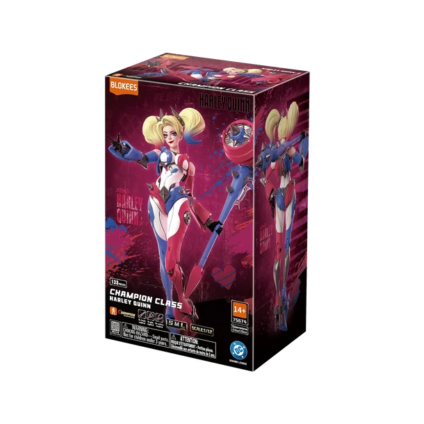 Harley Quinn Champion Class figure box by Bloxies, featuring artwork of Harley Quinn in a red, white, and blue costume with blonde hair on a dark red background.