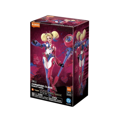 Harley Quinn Champion Class figure box by Bloxies, featuring artwork of Harley Quinn in a red, white, and blue costume with blonde hair on a dark red background.