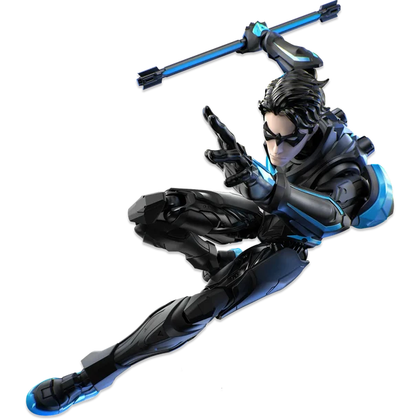 A stylized 3D-rendered character in a black and blue futuristic suit posed dynamically against a solid black background.
