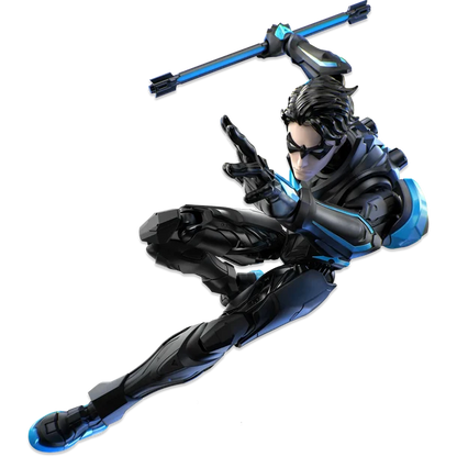 A stylized 3D-rendered character in a black and blue futuristic suit posed dynamically against a solid black background.