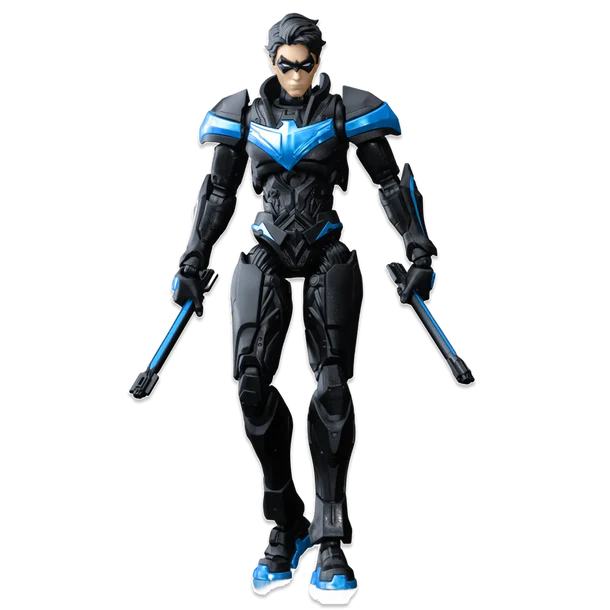 A collectible action figure of Nightwing in a dynamic pose, holding two katanas. The figure is dressed in a detailed black and blue armored suit with a mask, set against a plain white background.