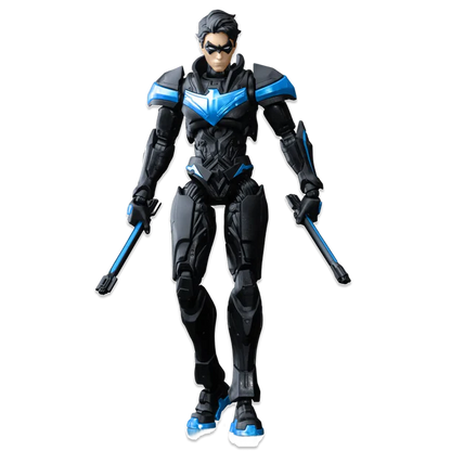 A collectible action figure of Nightwing in a dynamic pose, holding two katanas. The figure is dressed in a detailed black and blue armored suit with a mask, set against a plain white background.