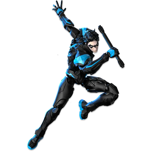 A stylized action figure or collectible character posed mid-leap in a black and bright blue costume, holding a bat-like accessory, on a plain white background.