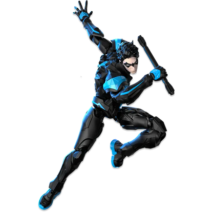 A stylized action figure or collectible character posed mid-leap in a black and bright blue costume, holding a bat-like accessory, on a plain white background.
