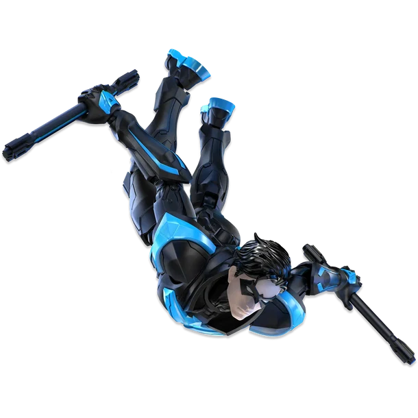 A stylized 3D-rendered character in a black and bright blue futuristic suit, posed diagonally on a plain white background.