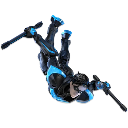 A stylized 3D-rendered character in a black and bright blue futuristic suit, posed diagonally on a plain white background.