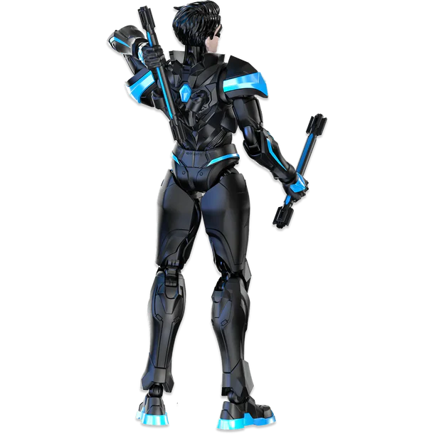 A black and blue futuristic armored character figure shown from the back, holding two black staff-like weapons, on a plain white background.