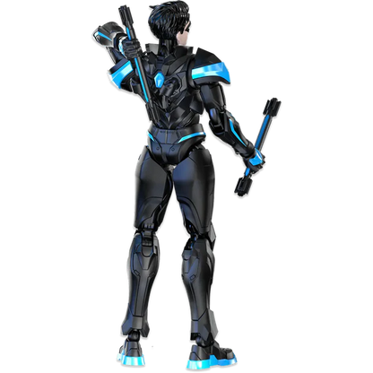 A black and blue futuristic armored character figure shown from the back, holding two black staff-like weapons, on a plain white background.