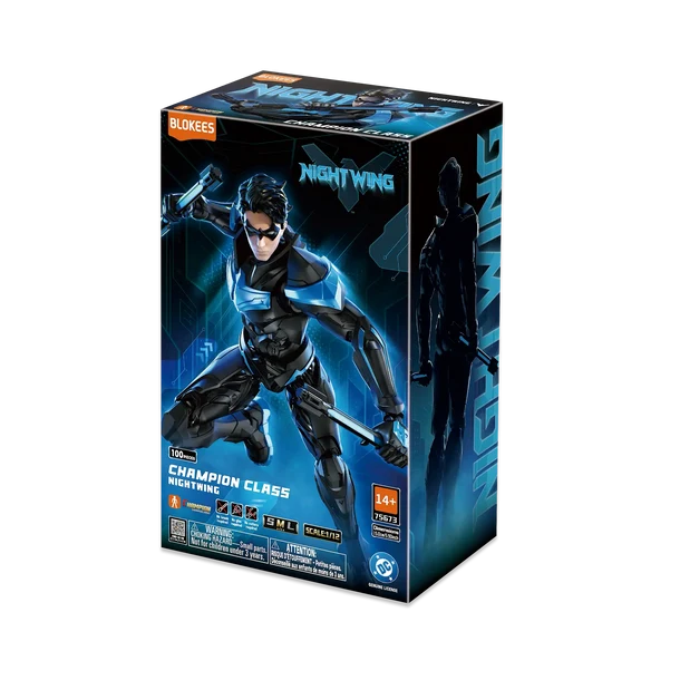 Box packaging of a Nightwing figure with dynamic pose on a white background