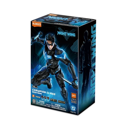 Box packaging of a Nightwing figure with dynamic pose on a white background