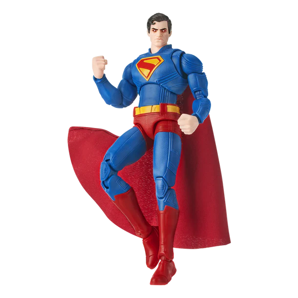 Superman action figure in a dynamic flying pose, featuring a blue bodysuit with a red and yellow chest emblem, a flowing red cape, and red boots, photographed on a plain white background.
