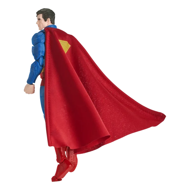 Superman action figure shown from the back and side, wearing a blue suit with a large red cape and yellow chest emblem, isolated on a white background.