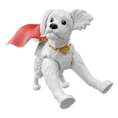 A white plush or fabric dog toy figure with floppy ears, a red cape, and a gold collar, shown against a plain white background.