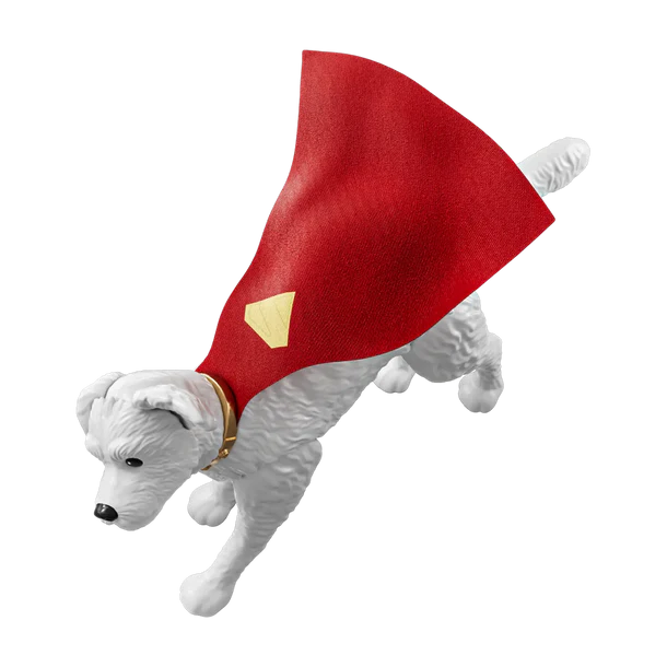 A small white dog figurine wearing a red cape with a yellow shield emblem and a gold collar, shown on a plain white background.