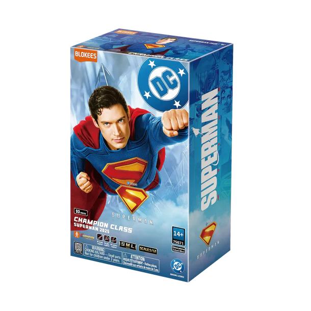 Superman action figure packaging with DC logo on a white background