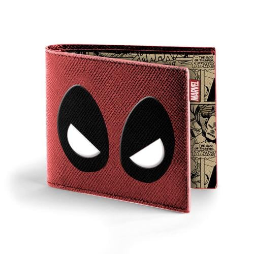 A red and black bifold wallet featuring a character from the Deadpool comics franchise.