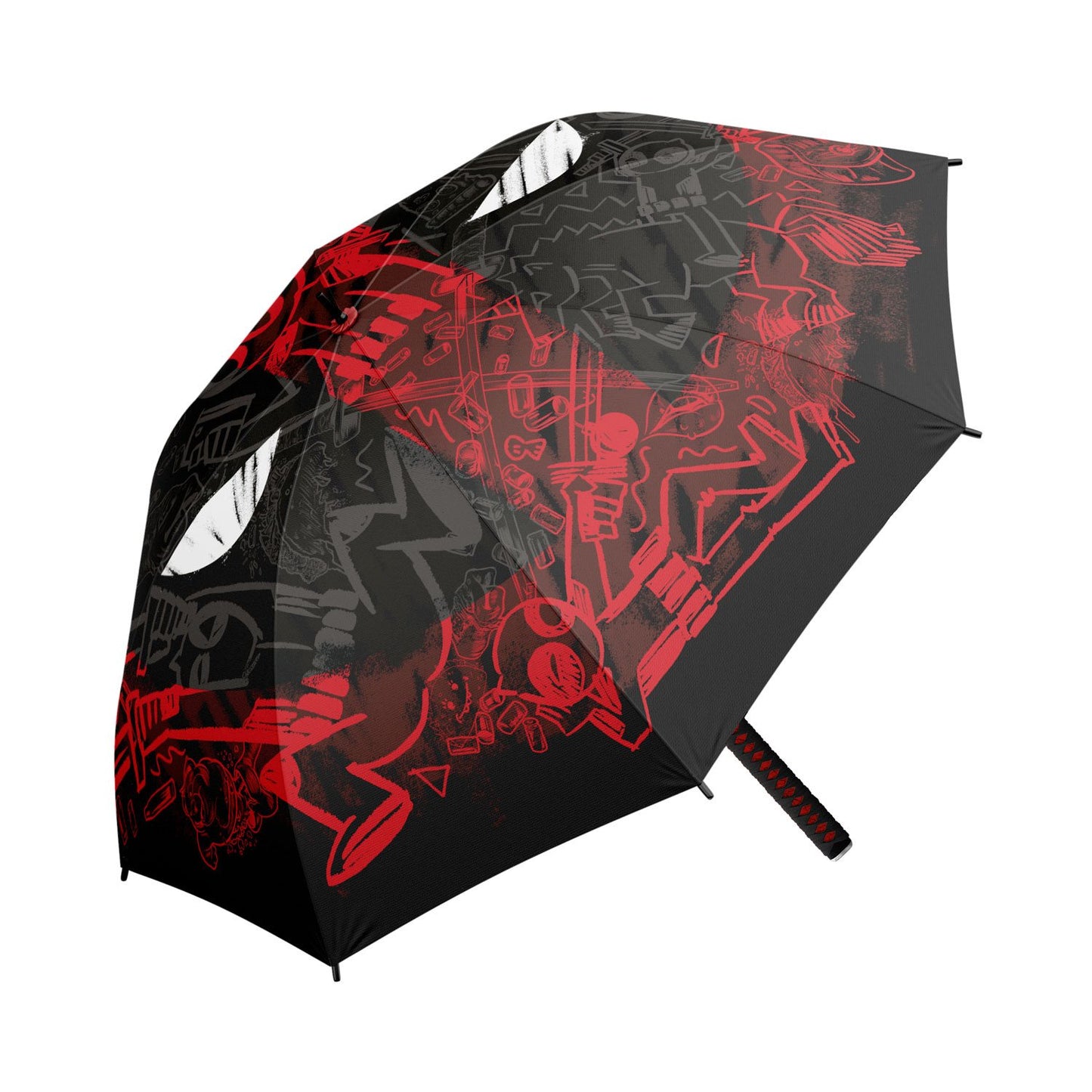 Black umbrella with red and white graphic design on a white background