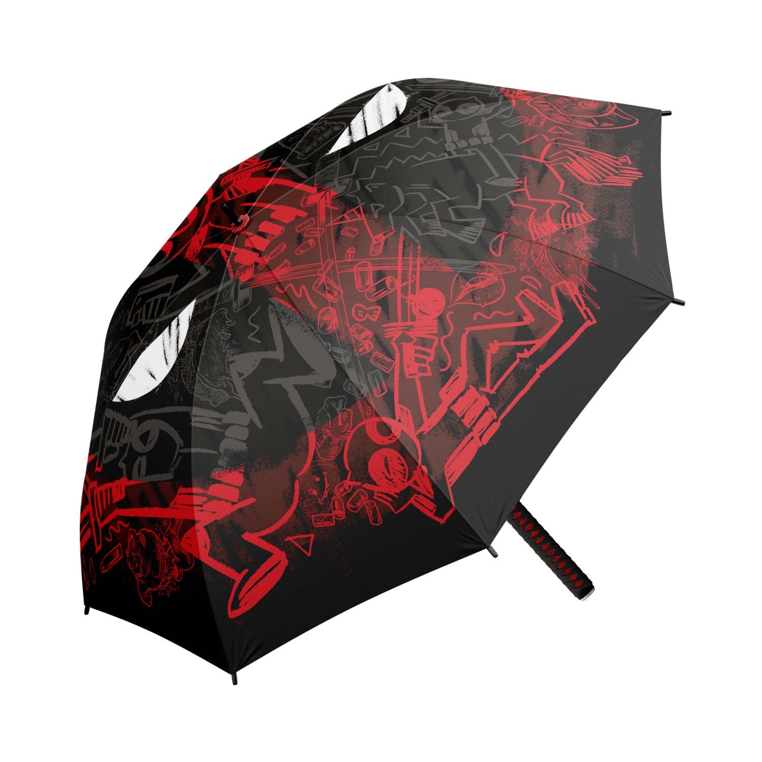 Black umbrella with red and white graphic design on a white background