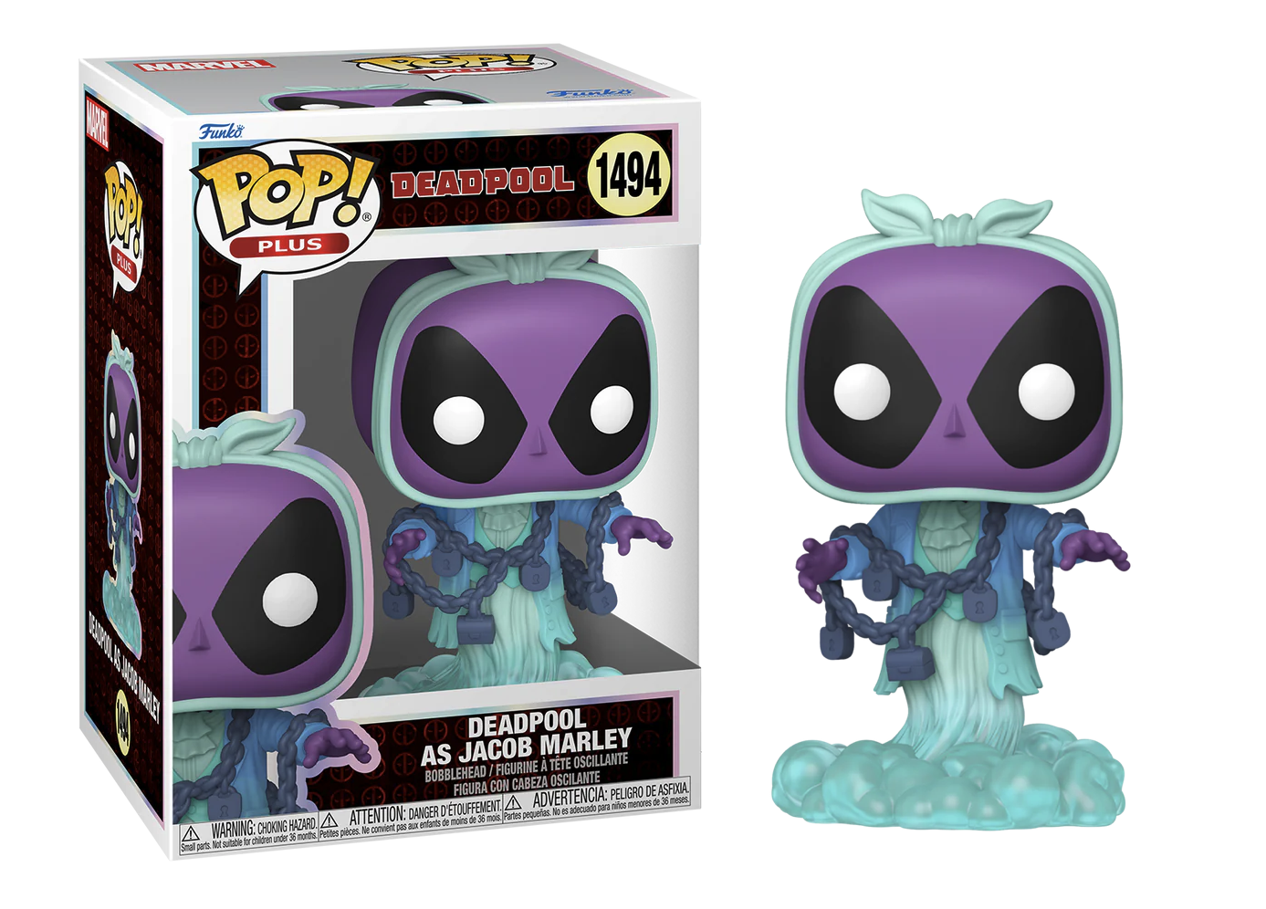 Funko Pop! vinyl figure of Deadpool as Jacob Marley next to its packaging